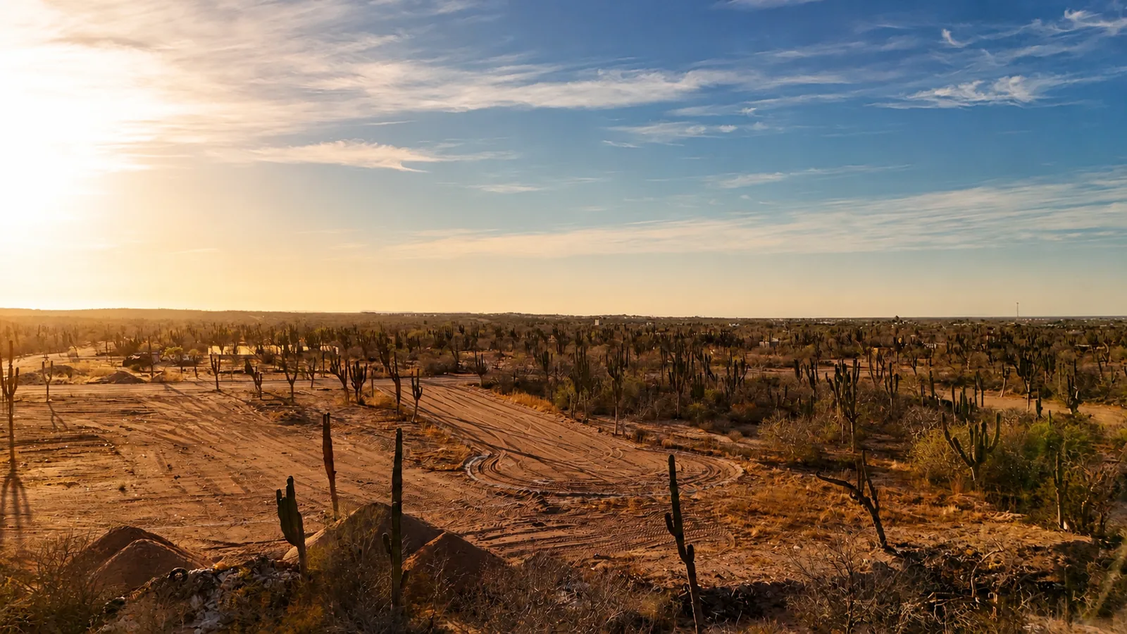 Terreno despejado al atardecer en La Paz, Baja California Sur, listo para venta