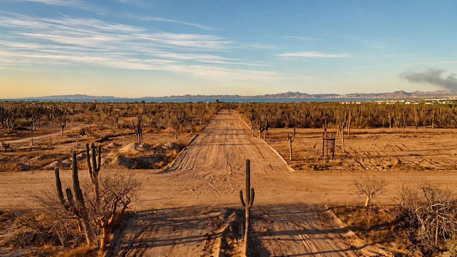 Camino de terracería entre cardones hacia la bahía en un desarrollo de La Paz, BCS