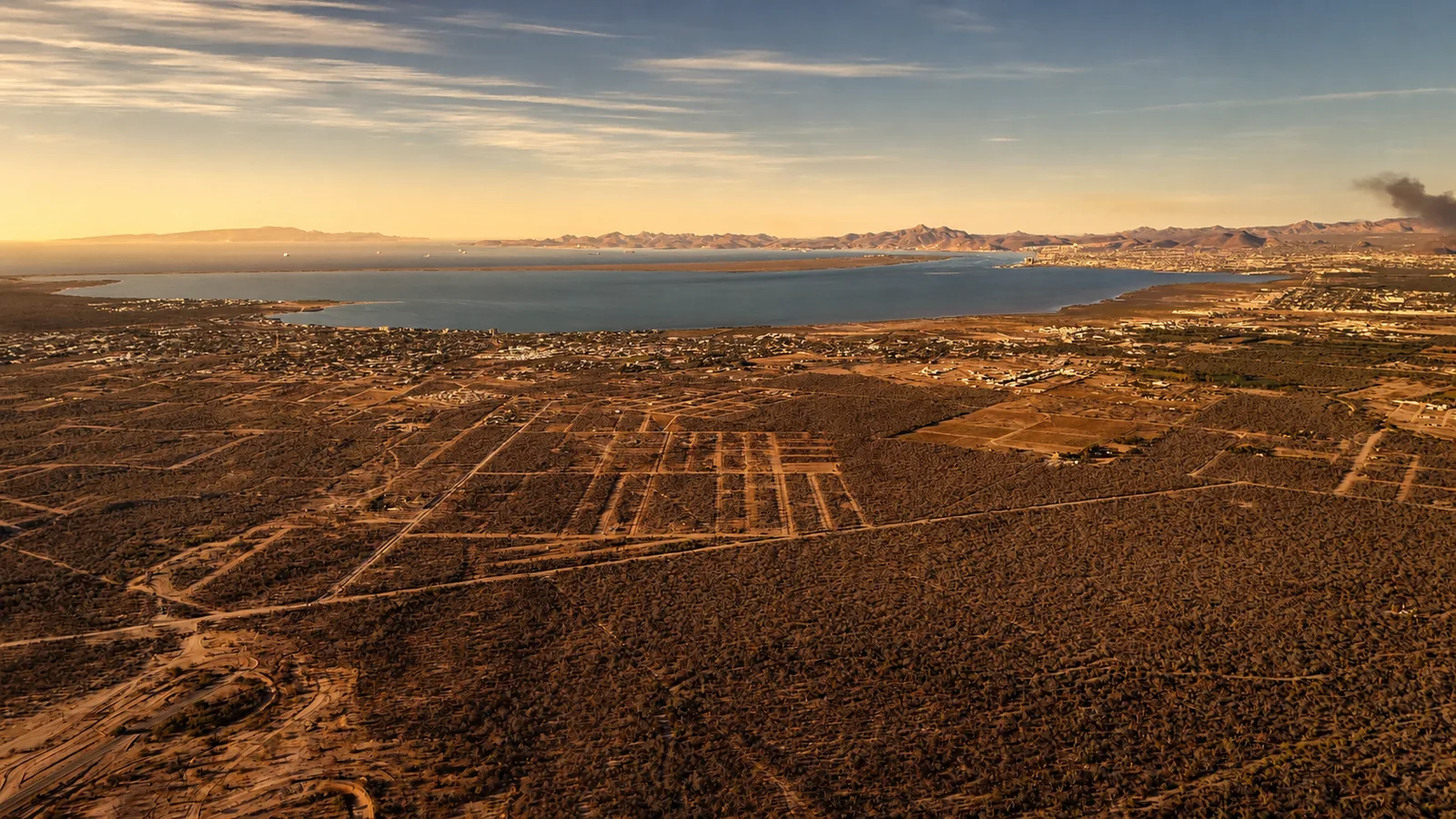 Vista panorámica aérea de la bahía de La Paz y los terrenos de El Centenario, Baja California Sur